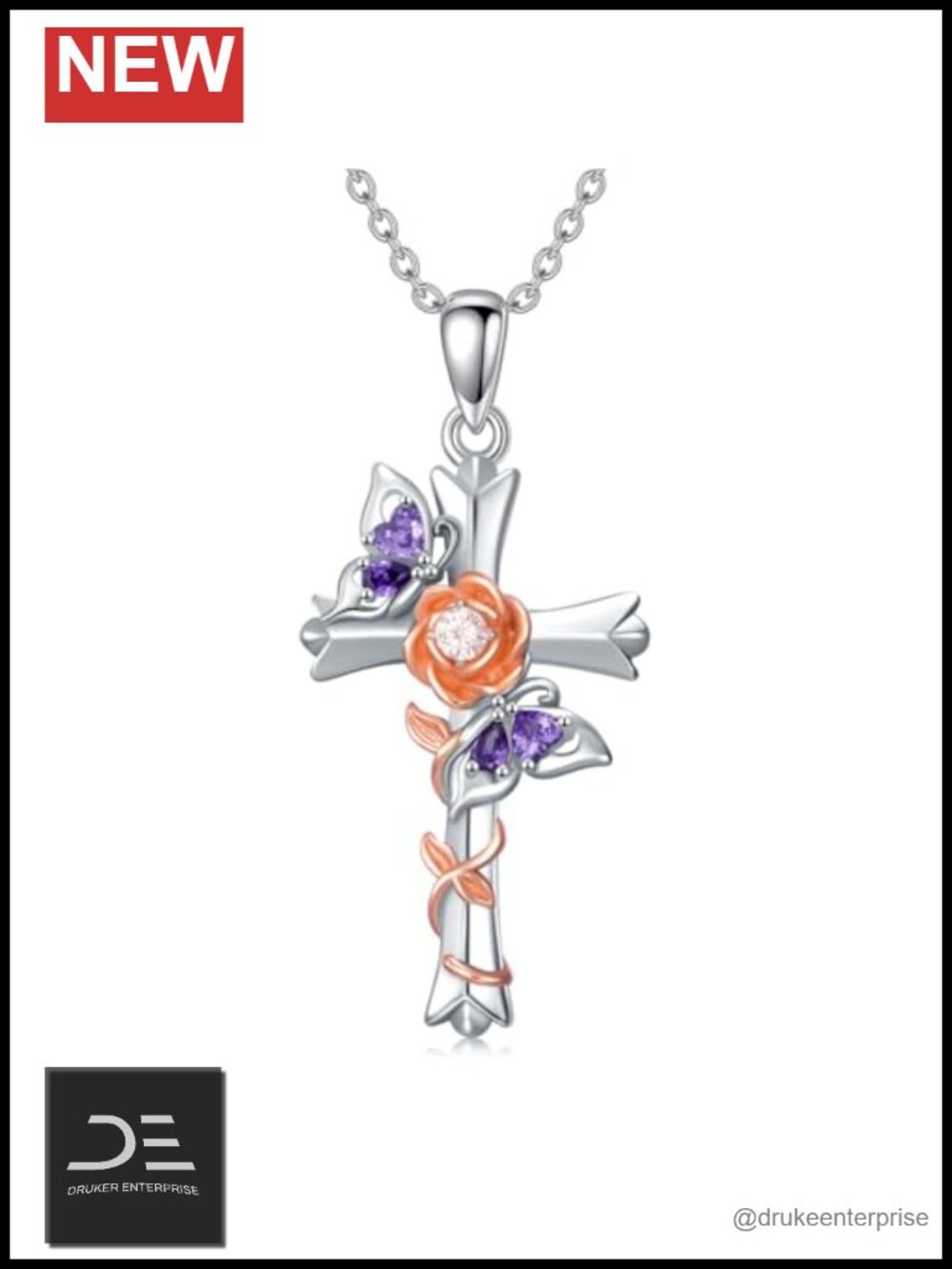 925 Sterling Silver Cross Necklace Pendant with Butterfly Rose Motif for Women
